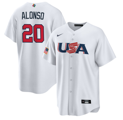 Men's USA Baseball #20 Pete Alonso 2023 White World Baseball Classic Stitched Jersey